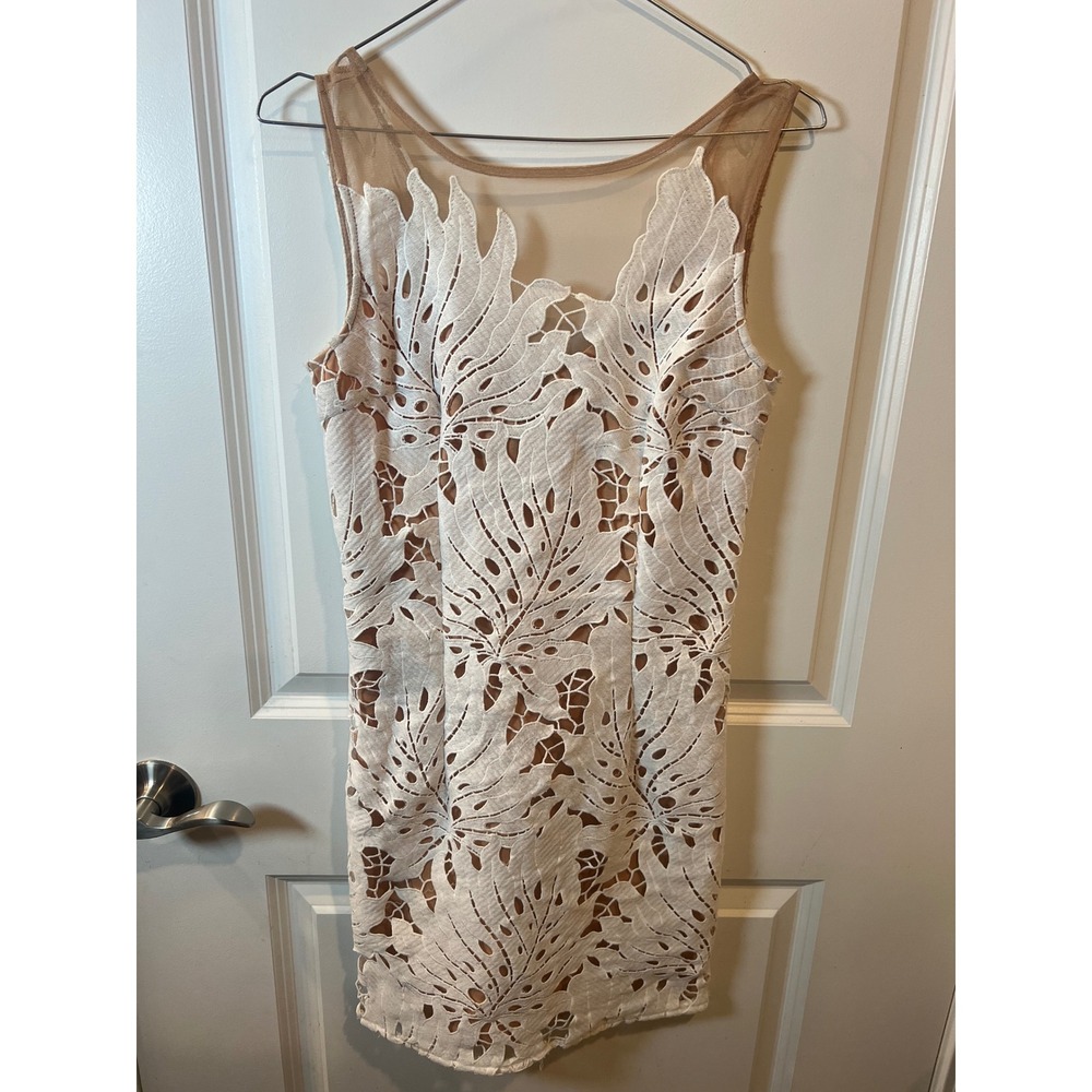 INA Women Dress Leaf Embroidered Lace Illusion Neckline White Size S